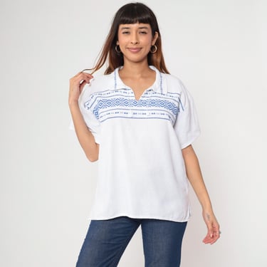 White Tunic Top Embroidered Aztec Blouse 90s Hippie Shirt Bohemian Blue Festival Boho Top 1990s Tie Neck Woven Short Sleeve Medium 