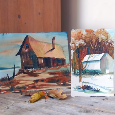 Vintage watercolor cottage painting / Autumn country scene rural art / two farmhouse barn paintings / farmhouse decor /  vintage art 