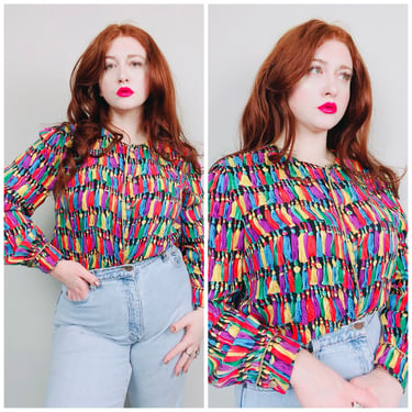 1990s Vintage Maggy London Colorful Tassel Print Blouse / 90s / Nineties Rainbow Silk Novelty Shirt / Size Large 