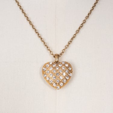 Vintage 80s Gold Tone Rhinestone Pavé Puffy Heart Pendant on Long Adjustable Chain Necklace 