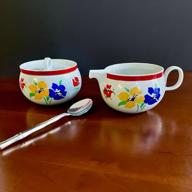 Vintage Sugar Bowl and Cream Pitcher Creamer, Anemone pattern by Block - Red Blue Yellow Green, Vista Alegre line, Bold Flowers 