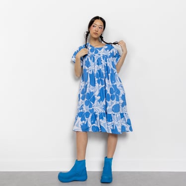 BLUE FISHES COTTON Pockets Pyjamas Midi Dress Pjs Vintage Cotton Summer Sun Muumuu / Free Size 