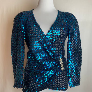 Sparkly fitted blazer 1970’s 80’s style~ Teal green black puff sleeves cinched waist shiny glimmer reflective mermaid vibes size Medium 