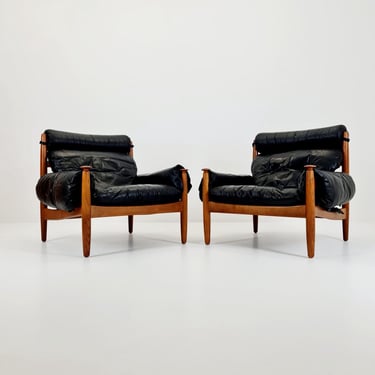 mid century armchairs By Eric Merthen for ire möbler in leather and Oak wood, Sweden 1960s 