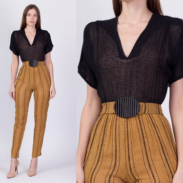 70s 80s Two Tone Knit Jumpsuit - XS to Small | Vintage Sybil Striped Pant Sheer Open Weave V Neck Pantsuit 