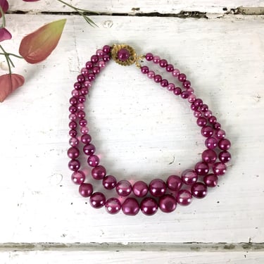 Magenta double strand beaded necklace - 1960s vintage costume jewelry 