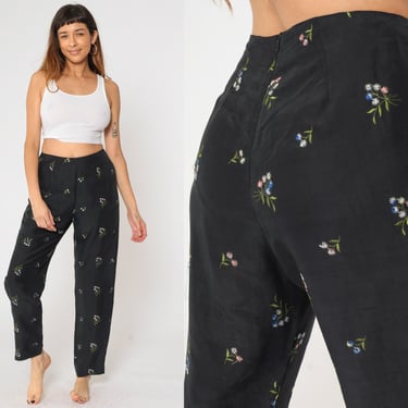 90s Silk Floral Pants Black Embroidered Pants High Waist Pants Relaxed Tapered Leg Casual Trousers Vintage Medium 10 