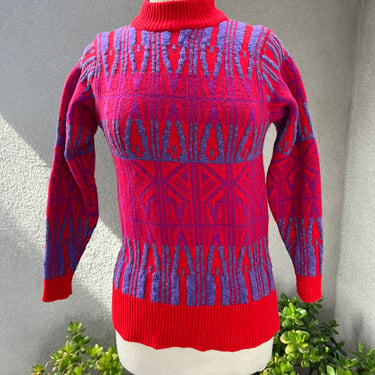 Vintage Wounded Bird neon pink red purple pullover turtleneck Liz Claiborne sweater Sz XS/S 