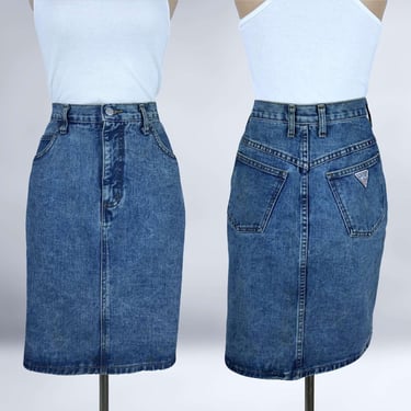 VINTAGE 80s Medium Wash Denim Skirt by Georges Marciano for Guess Sz 32 | 1980s High Waist Jean Skirt | VFG 