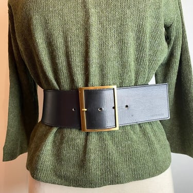 80’s Extra Wide black leather dress belt shiny gold square buckle New wave Goth rocker retro 1980’s Women’s statement belts size M 
