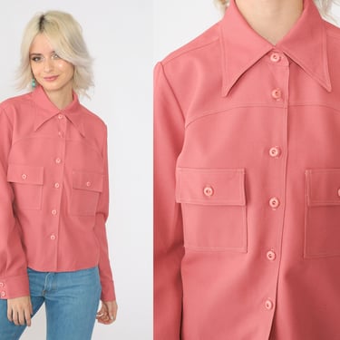 70s Pink Shirt Dagger Collar Blouse Utility Button Up Shirt Long Sleeve Top Disco Shirt 1970s Collared Plain Chest Pocket Medium 