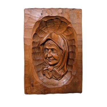 Vintage 3D Relief Carved Wood Woman Face Portrait Signed GW Wall Hanging 
