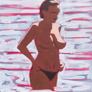 Woman in Ocean #2 - Original Acrylic Painting on Canvas 12 x 16, sunset, waves, swimsuit, nude,  sea, bathing, topless, michael van, gallery 