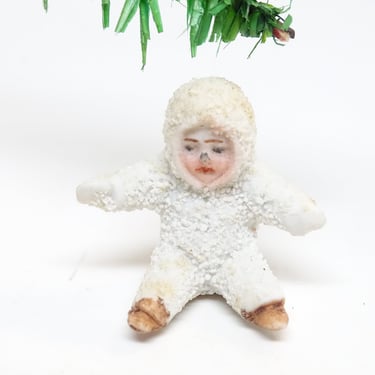 Vintage German Sitting Snow Baby, Tiny Antique Snowbabies, Antique Retro Christmas Decor 