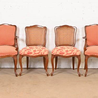 Kindel Furniture French Provincial Louis XV Carved Cherry Wood Cane Back Dining Chairs, Set of Four