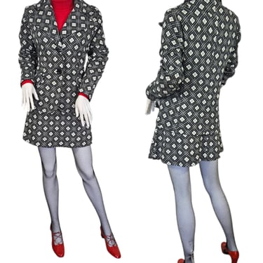 Volup 1970's Black White Checkered Print Blazer I Mini Skirt I Suit I Sz Lrg I 2 Pc Suit I MOD I Skinhead 