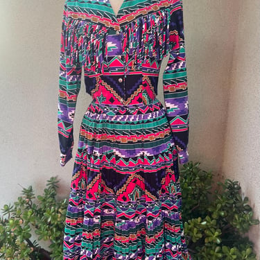 Vintage Southwestern western skirt top set fringe multi colors Sz XS/M Circle T by Marilyn Lenox 