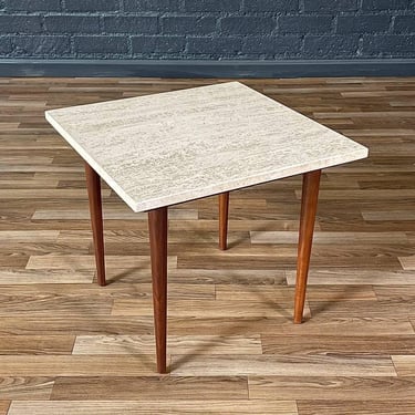 Mid-Century Modern Square Side Table w/ Travertine Marble Stone,c.1960’s 