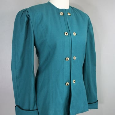 Personality Plus - degage' - designer - Teal - Wool Jacket - Puff Sleeve - Double Breasted - Women's size 10 - Paris / New York 