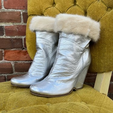 Vintage Silver Leather &amp; Mink Trim Boots