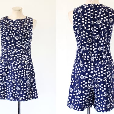 SALE 1960s Playsuit Romper - Vintage 60s Nautical Pattern Mini Dress with Shorts - Medium 
