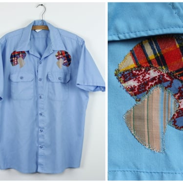 Vintage 70s Big Ben Short Sleeved Work Shirt - Sky Blue - Added Applique Fabric Mushrooms - Large 