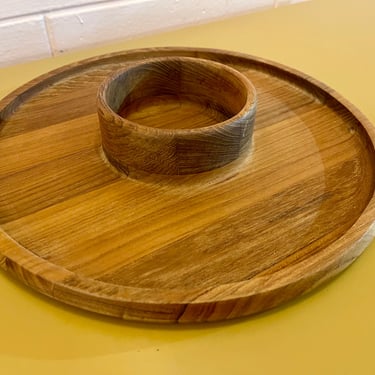 Vintage 90s Staved Teak Chip and Dip Server by Dansk 