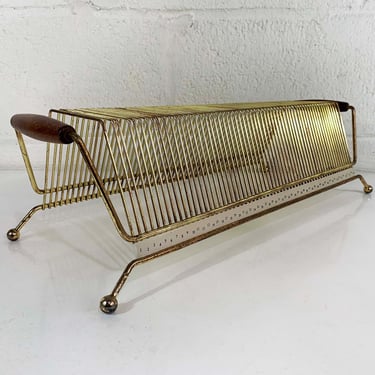 Vintage Record Stand 45 45RPM 7 Inch Holder MCM Storage Mid-Century Metal Wire Rack Mid Century Gold Wood Vinyl Organizer 1960s 