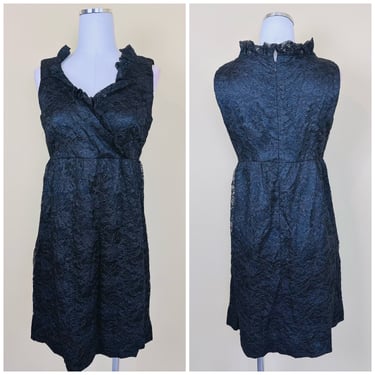 1960s Vintage Black Lace Babydoll Dress / 60s / Sixties Ruffled Empire Waist Mod Dress / Size Medium - Large 