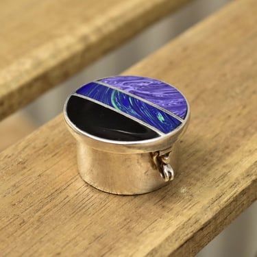 Vintage TAXCO Sterling Silver Multi-Stone Inlay Pill Box, Colorful Gemstone Lid, Black Onyx, Azurite Malachite, and Purple Agate, 26mm 
