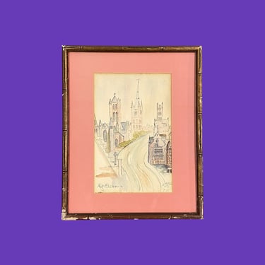 Vintage Watercolor 1950s Retro Size 21x17 Mid Century Modern + Phyllis B. Williams + London England + Church River + On Paper + MCM Wall Art 