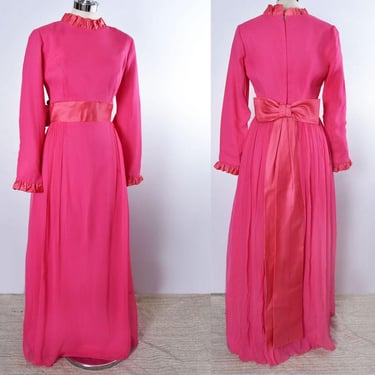 60's Hot Pink Silk Chiffon Long Evening Gown Dress Vintage 1960's Big Satin Bow, Medium 