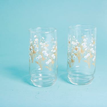Set of 2 80s Vintage Fall Floral Fall Clear Glasses Cups 