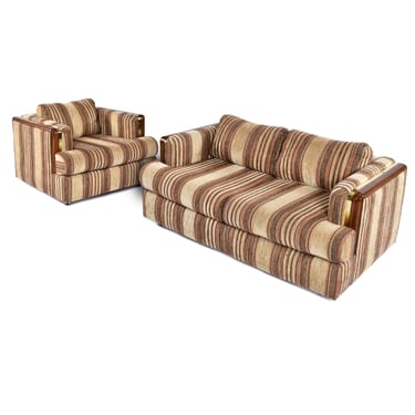 1970s Gold Accent and Brown Striped Tuxedo Loveseat and Armchair Set 
