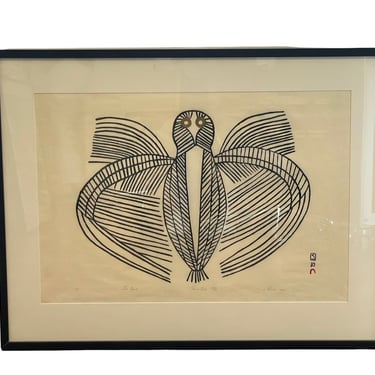 Inuit Artist Pudlo Pudlat "The Owl" Stone Cut Print Art JV189-16