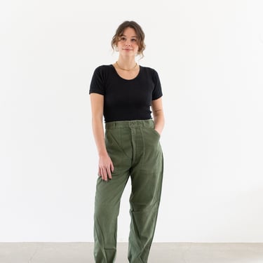 Vintage 30 Waist Olive Green Army Pants | Unisex Utility Fatigues Military Trouser | Zipper Fly | F476 