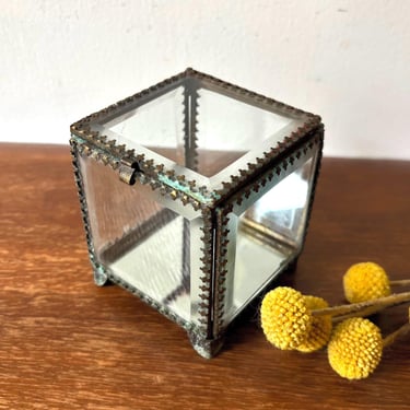Vintage Brass Edge Beveled Glass Mirror Jewelry Box | French Trinket Vanity Square Storage | Bathroom Bedroom Dresser Desktop Display Case 
