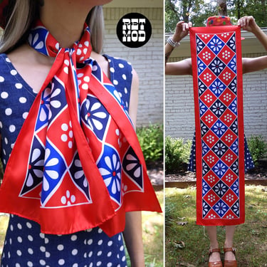 Bold Vintage 60s 70s Red Blue White Flowers & Polka Dots Long Mod Scarf 