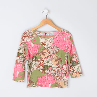 Vintage Y2k Sage & Pink Printed Top with Rhinestones - 