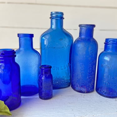 Vintage Cobalt Blue Bottle Collection, Set of 6 // Milk Of Magnesia Bottles, Deep Blue Bottles, Trinkets // Perfect Gift 