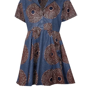 The Oula Company - Blue, Rust, & Black Print Short Sleeve Dress Sz S