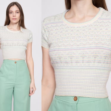 70s Pastel Striped Knit Crop Top - Small | Vintage Short Sleeve Girly Cropped Blouse 
