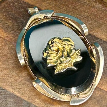 Vintage Black Glass Oval Cameo Pendant Gold Tone Rose Retro Fashion Jewelry 