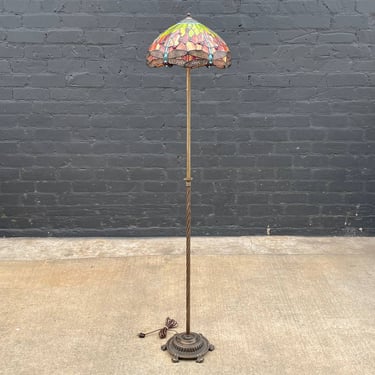Antique Brass Floor Lamp with Tiffany Glass Style Shade, c.1940’s 