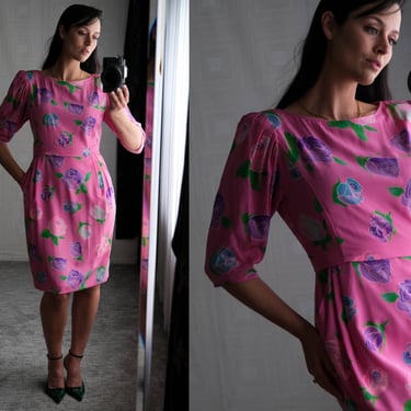 Vintage 80s Ungaro Paralelle Paris Pastel Pink Floral Silk Dress with Pleated Poof Shoulders | Made in Italy | 1980s Designer Wrap Dress 