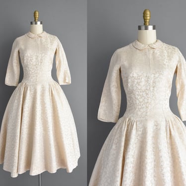 1950s vintage dress | Gorgeous Champagne Ivory Sweeping Full Skirt Bridesmaid Wedding Dress | Small | 50s dress 