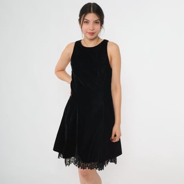 Vintage Velvet Mini Dress 80s 90s Black Lace Trim Party Dress A-Line Jewel Neck Sleeveless 1990s Formal Cocktail Gothic Minidress Small 4 