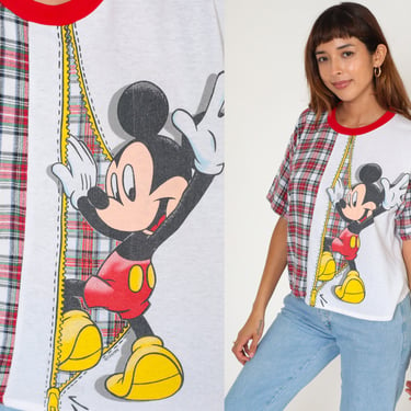 Mickey Mouse T-Shirt 90s Disney Ringer Tee Plaid Mickey Unlimited Cartoon Graphic Single Stitch TShirt White Red Vintage 1990s Small S 