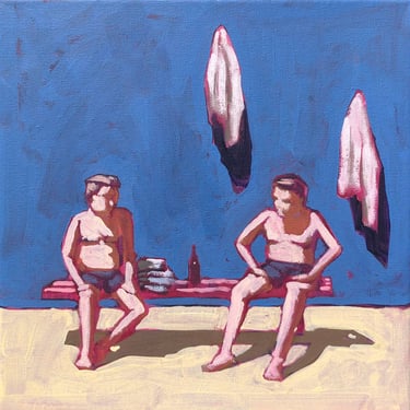 Men on Bench #2 - Original Acrylic Painting on Canvas 10 x 10 - beach, sand, fine art, gallery wall, small, artist, summer, shadow, modern 