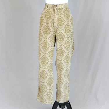 90s Bill Blass Cords - 34" waist - Brown Beige Floral Wallpaper Print Corduroy Pants - Vintage 1990s - hemmed 28.5" length 
